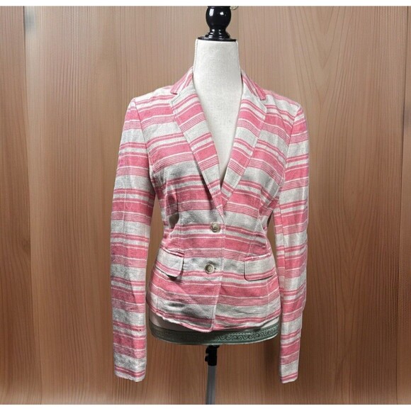 Ann Taylor Loft Blazer 8 Linen Blend Jacket Pink‎ Coral Beige Stripe Cropped - Picture 1 of 16